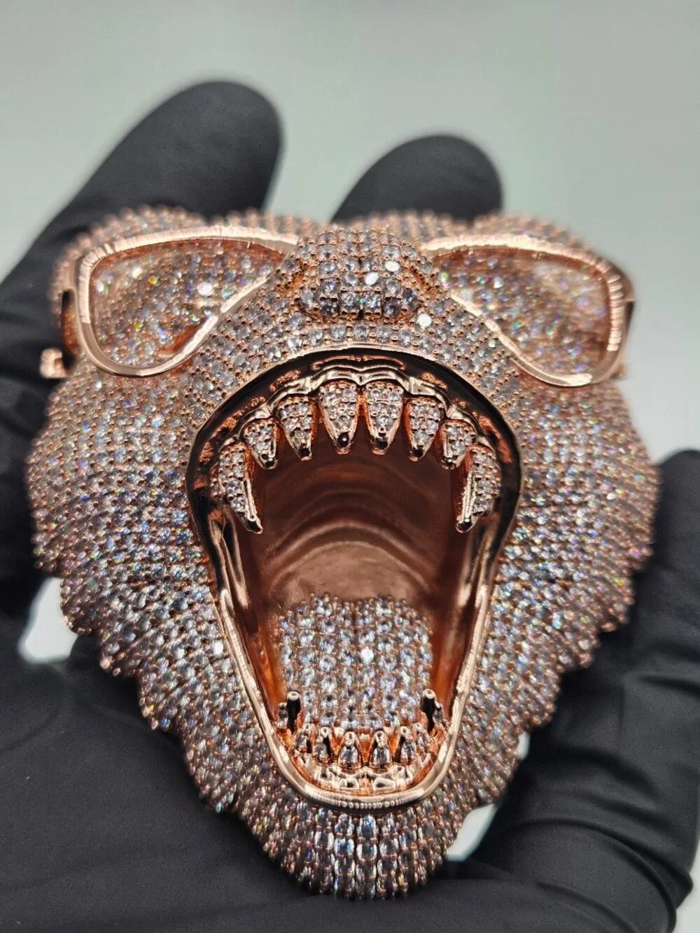 925 Silver 14K Rose Gold Iced Bear Pendant